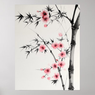 Painting of bamboo and cherry blossoms in wash poster