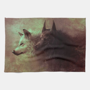 Painting of black wolf and white wolf. kitchen towel