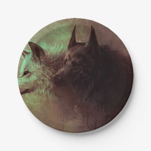 Painting of black wolf and white wolf. paper plates
