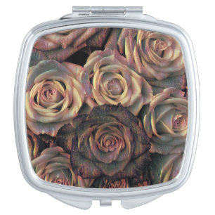 Painting of brown orange copper and gold roses compact mirror