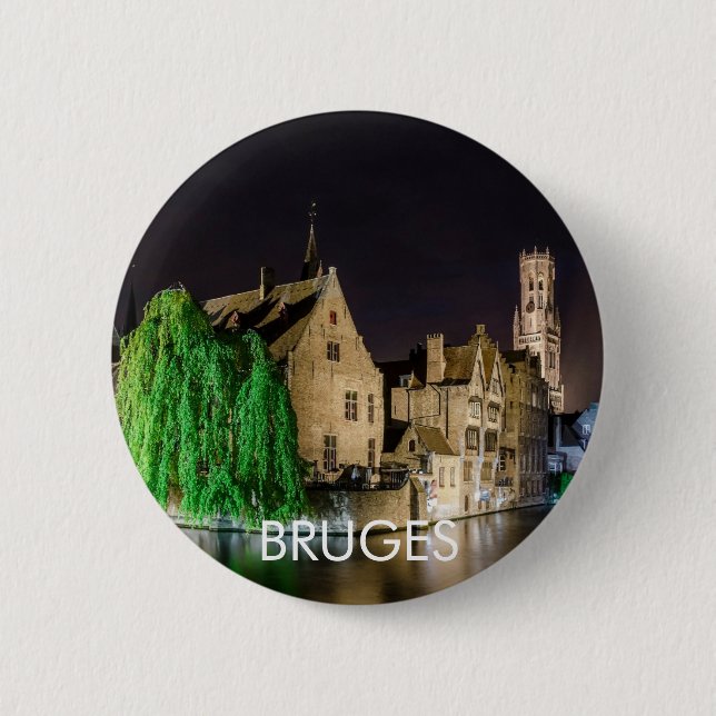 Painting of Bruges old town and Belfry tower Button (Front)