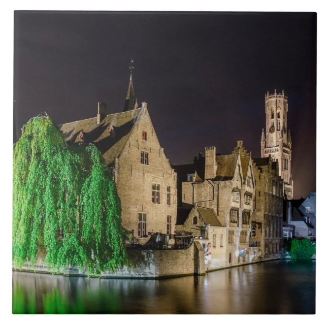 Painting of Bruges old town and Belfry tower Ceramic Tile (Front)