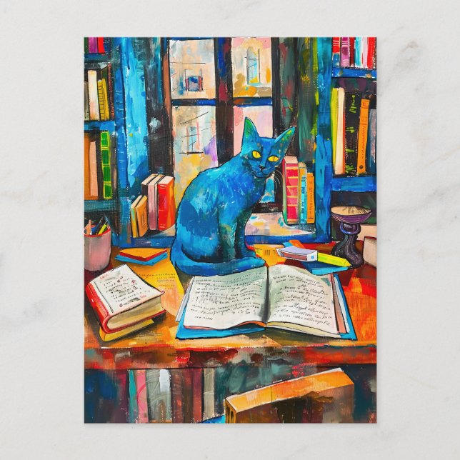 painting of Cat Among Open Books Postcard (Front)