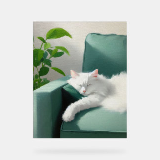 Painting of Cat Sleeping on a Green Couch Acrylic Sign