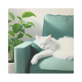 Painting of Cat Sleeping on a Green Couch Metal Print
