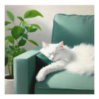 Painting of Cat Sleeping on a Green Couch Photo Print