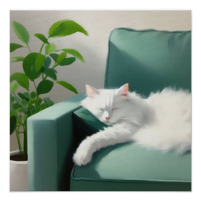 Painting of Cat Sleeping on a Green Couch Poster (Front)