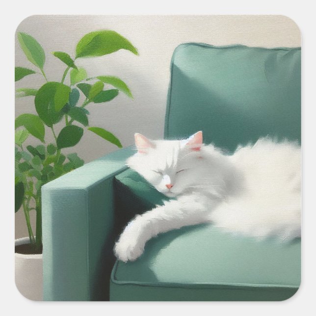 Painting of Cat Sleeping on a Green Couch Square Sticker (Front)