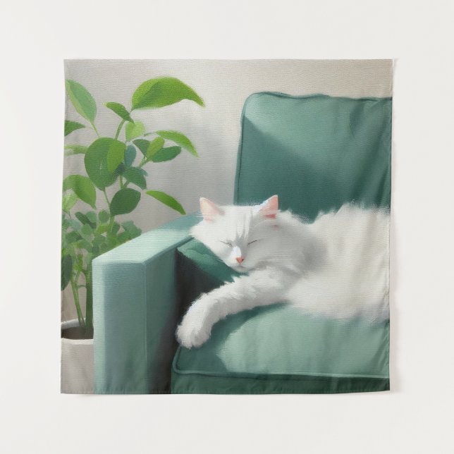Painting of Cat Sleeping on a Green Couch Tapestry (Front)