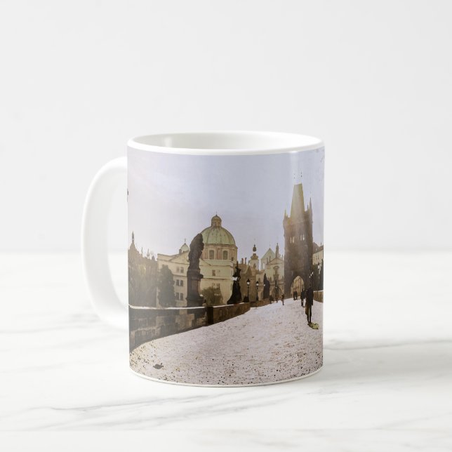 Painting of Charles bridge in Prague on sunrise Coffee Mug (Front Left)