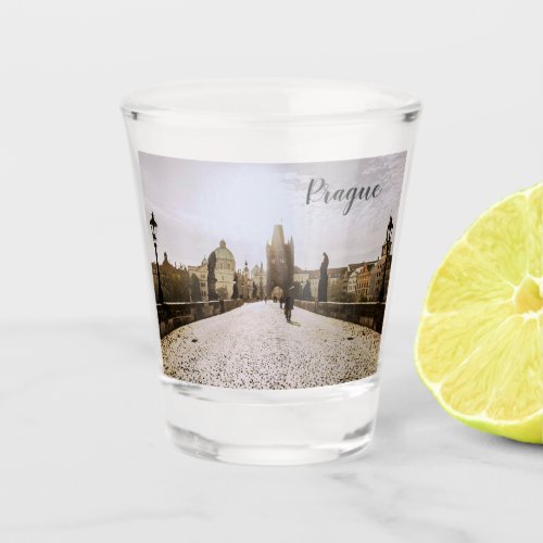 Painting of Charles bridge in Prague on sunrise Shot Glass