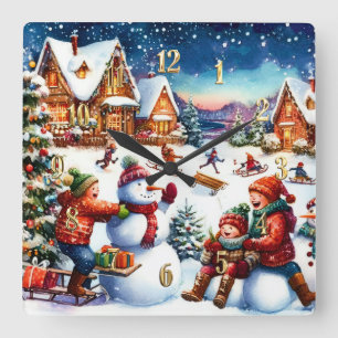 Painting of Children Winter Fun Snowmen Sledding Square Wall Clock