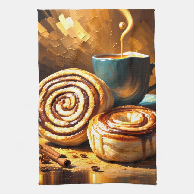 Painting of Coffee Cup and Cinnamon Rolls Abstract Kitchen Towel (Vertical)
