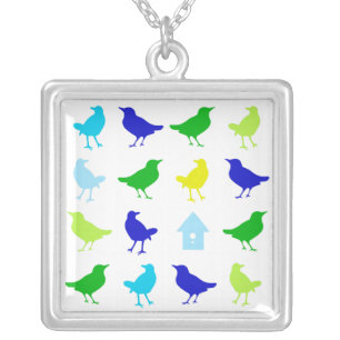 Painting of Colored Birds by Chariklia Zarris Silver Plated Necklace