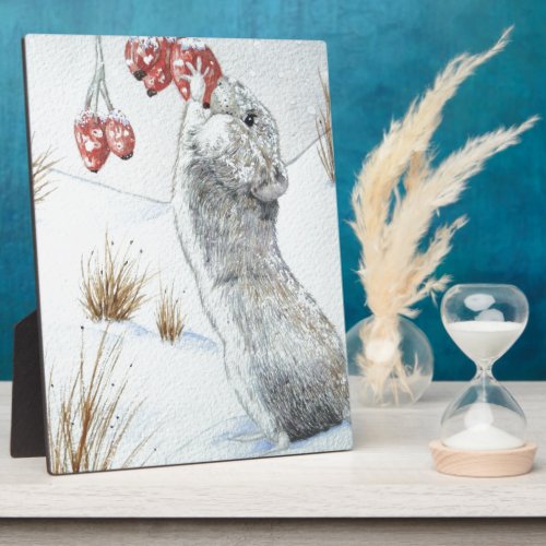 painting of cute mouse snow scene wildlife plaque
