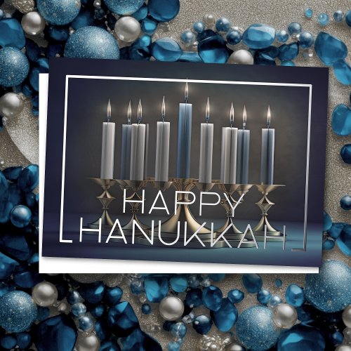 Painting of Elegant Menorah Gold Blue Foil Holiday Card