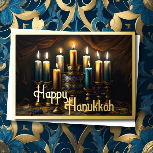 Painting of Elegant Menorah Gold Blue Foil Holiday Card