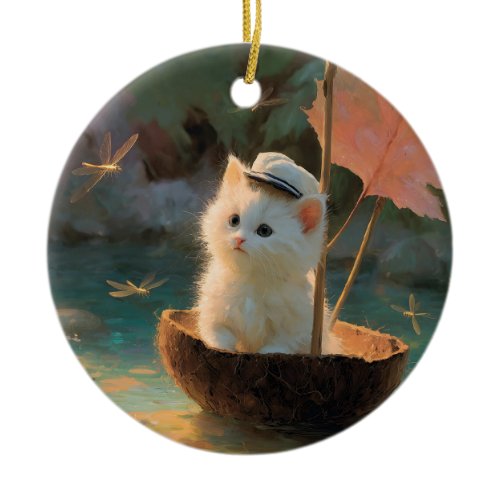 Painting of Fluffy White Kitten Sailing in Coconut Ceramic Ornament