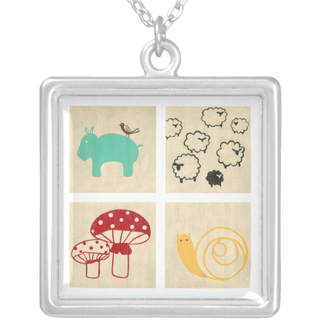 Painting of Four Children's Wood Blocks Silver Plated Necklace (Front)
