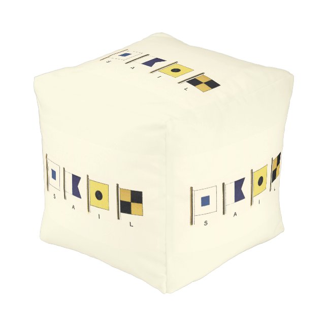 Painting of Four Flags with Sail Written Beneath Pouf (Angled Front)
