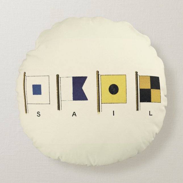 Painting of Four Flags with Sail Written Beneath Round Pillow (Front)