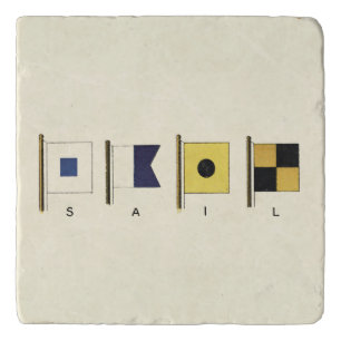Painting of Four Flags with Sail Written Beneath Trivet