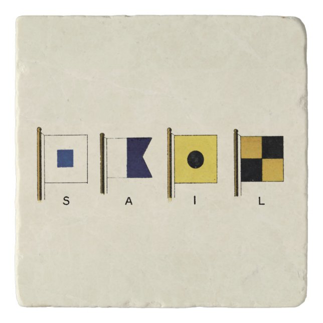 Painting of Four Flags with Sail Written Beneath Trivet (Front)