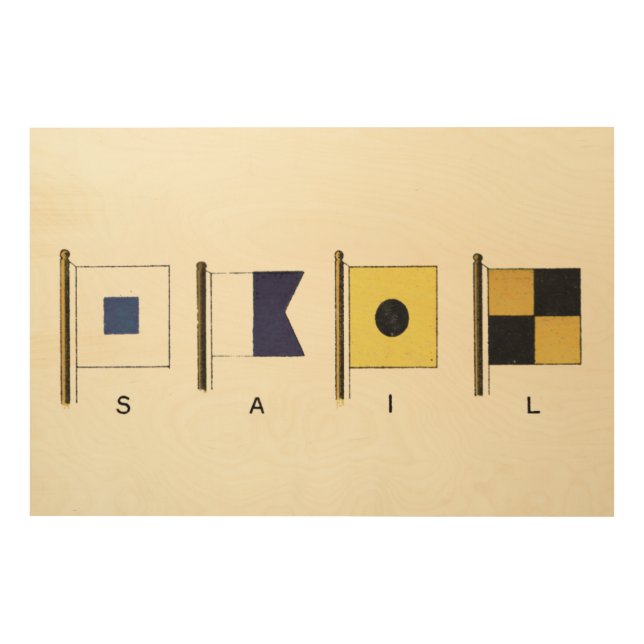 Painting of Four Flags with Sail Written Beneath Wood Wall Decor (Front)