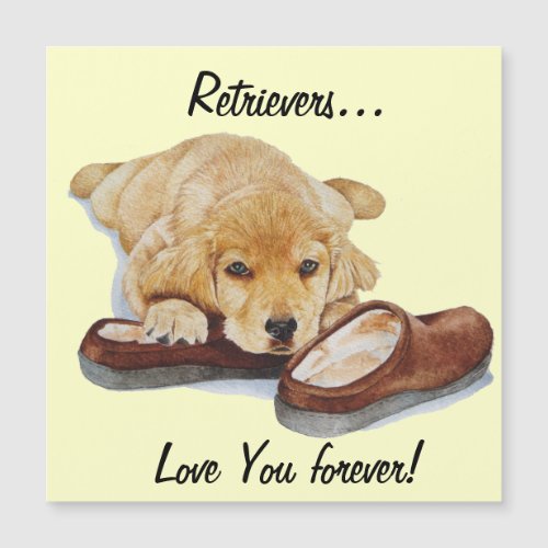 painting of golden retriever puppy dog with slogan