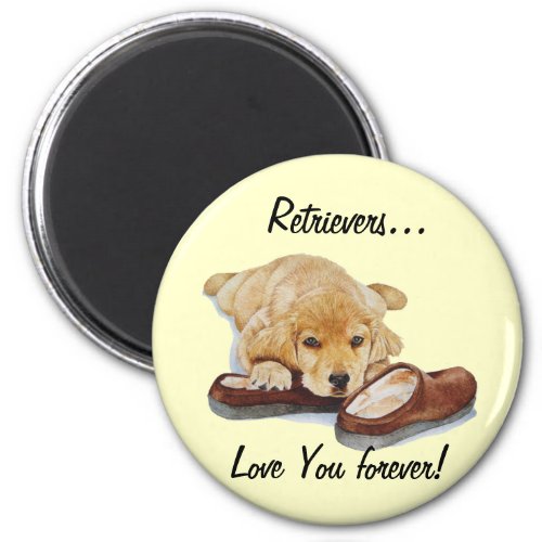 painting of golden retriever puppy dog with slogan magnet