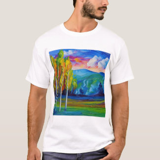 Painting of green trees blue mountains   T-Shirt