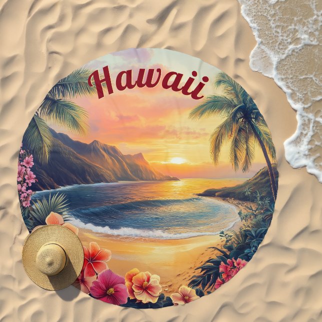 Painting of Hawaii Sunset Tropical Sea Beach Towel (Beach)