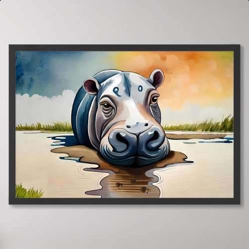 painting of hippopotamus soaking in the mud lazily poster