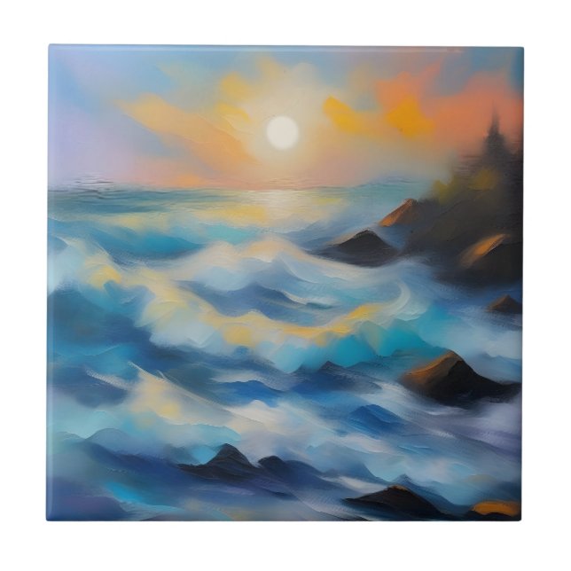 Painting of light blue sea waves under the sun ceramic tile (Front)