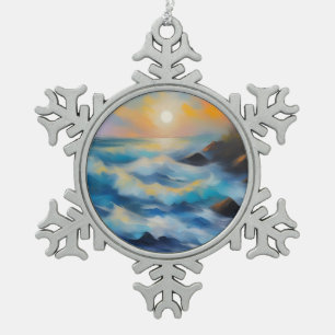 Painting of light blue sea waves under the sun snowflake pewter christmas ornament