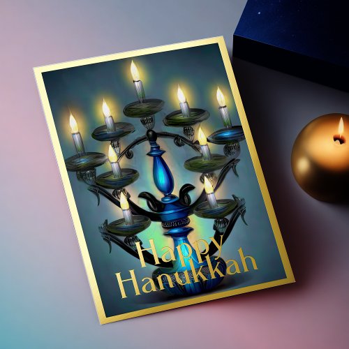 Painting of Menorah Happy Hanukkah Gold Blue Foil Holiday Card