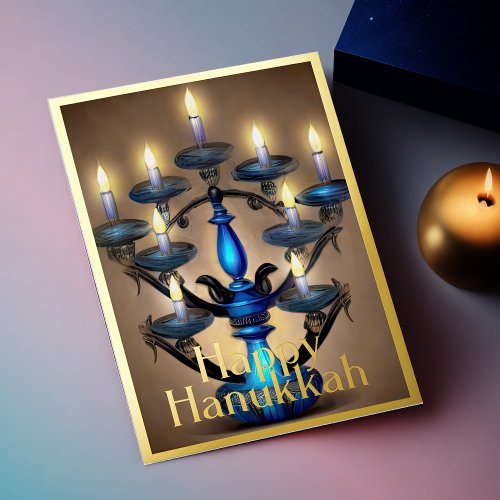 Painting of Menorah Happy Hanukkah Gold Blue Foil Holiday Card