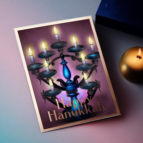 Painting of Menorah Happy Hanukkah Gold Purple Foil Holiday Card