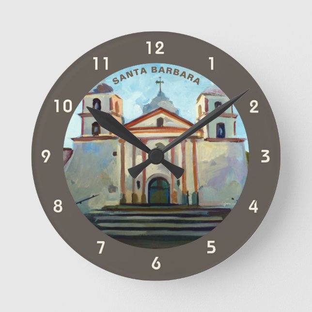 Painting of Mission Santa Barbara, CA Round Clock (Front)