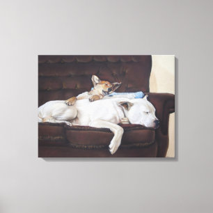 painting of puppy cuddling white american bulldog canvas print