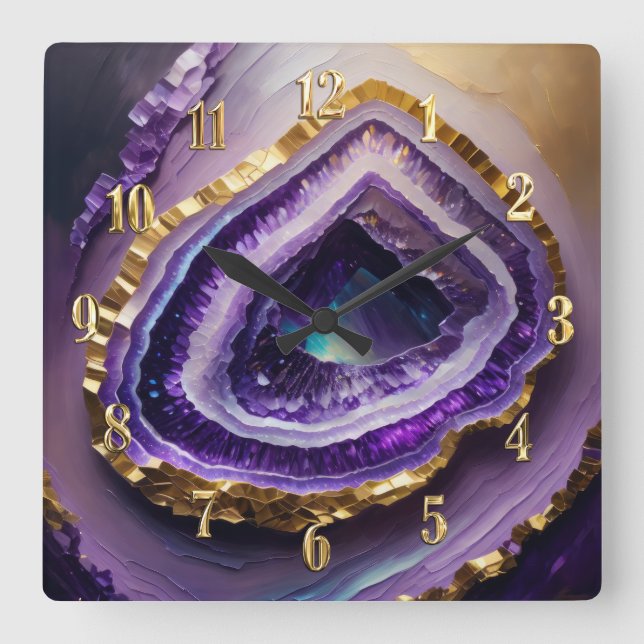 Painting of Purple and Gold Geode Square Wall Clock (Front)