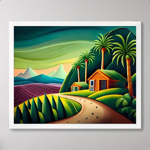 painting of quiet green village mountainside palm poster