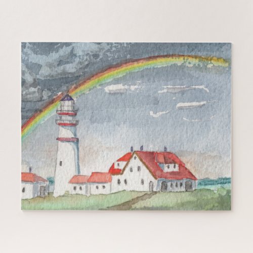 Painting of Red and White Lighthouse and Rainbow Jigsaw Puzzle