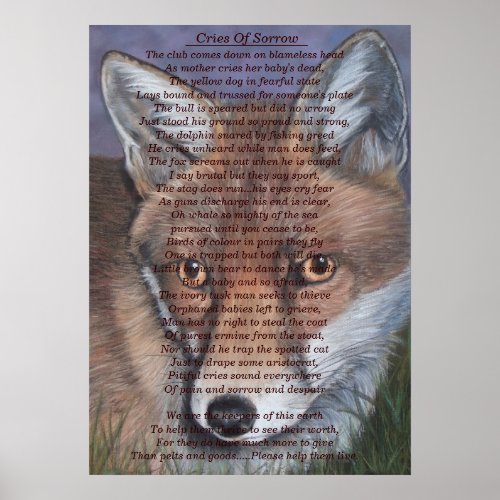 painting of red fox with sad wildlife poem poster