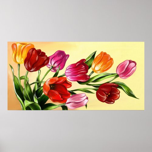 Painting of Red Pink Yellow Orange Tulips Poster