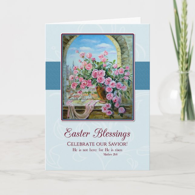 Painting of Roses in a Window Christian Easter Holiday Card (Front)