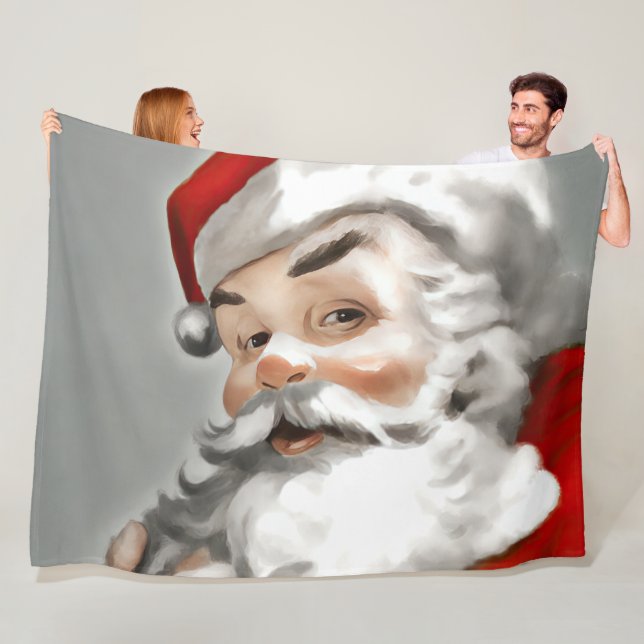 Painting of Santa Claus on Gray Fleece Blanket (In Situ)