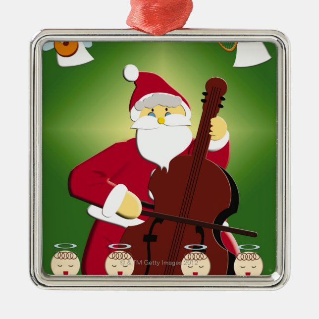 Painting of Santa Claus playing cello with Metal Ornament (Front)