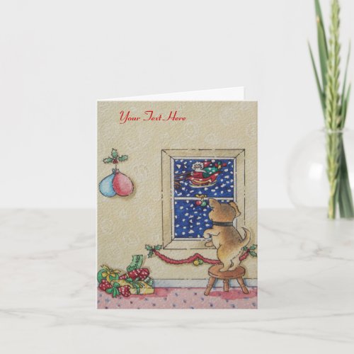 painting of santa sleigh with cute puppy christmas holiday card