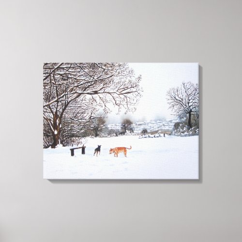 painting of snow scene landscape with dogs canvas print